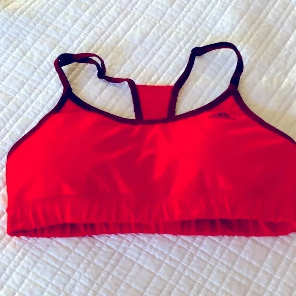 Adidas Vibrant Red Padded Sports Bra with Maroon Logo and Adjustable Straps